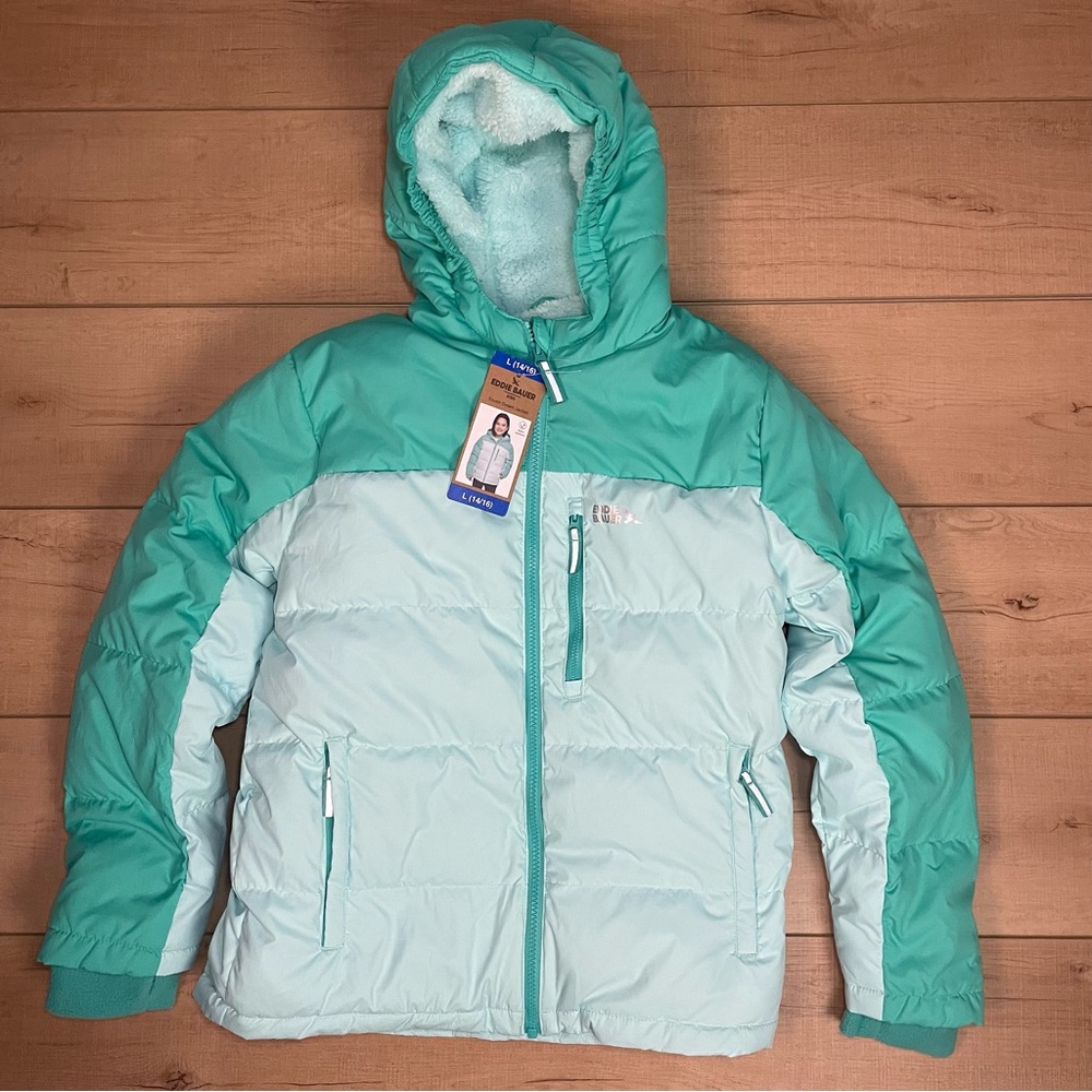 Eddie Bauer Youth Teal Blue Hooded Down Winter Jacket NWT 14/16